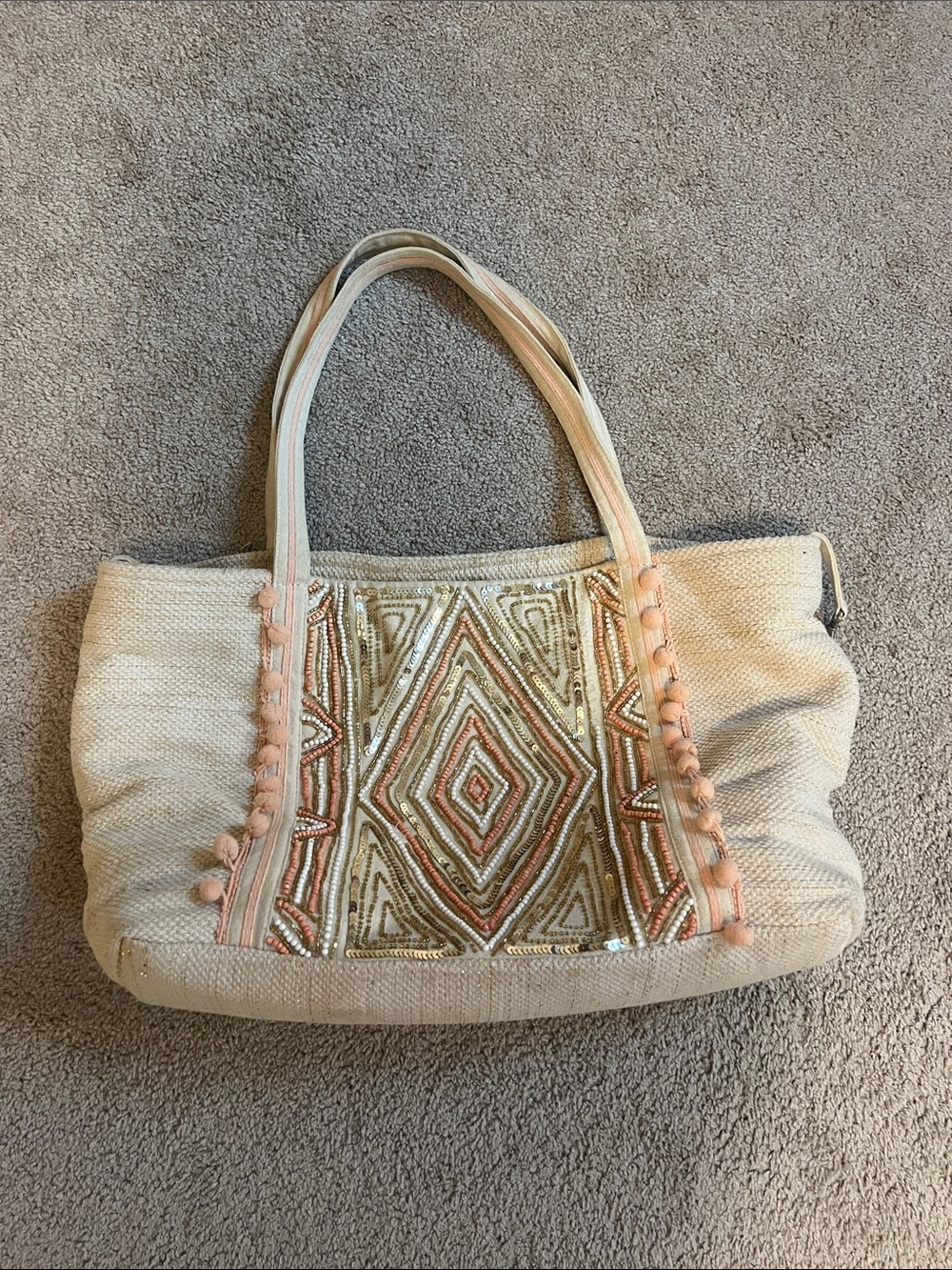 Embellished Cream Beach Bag with Peach Accents